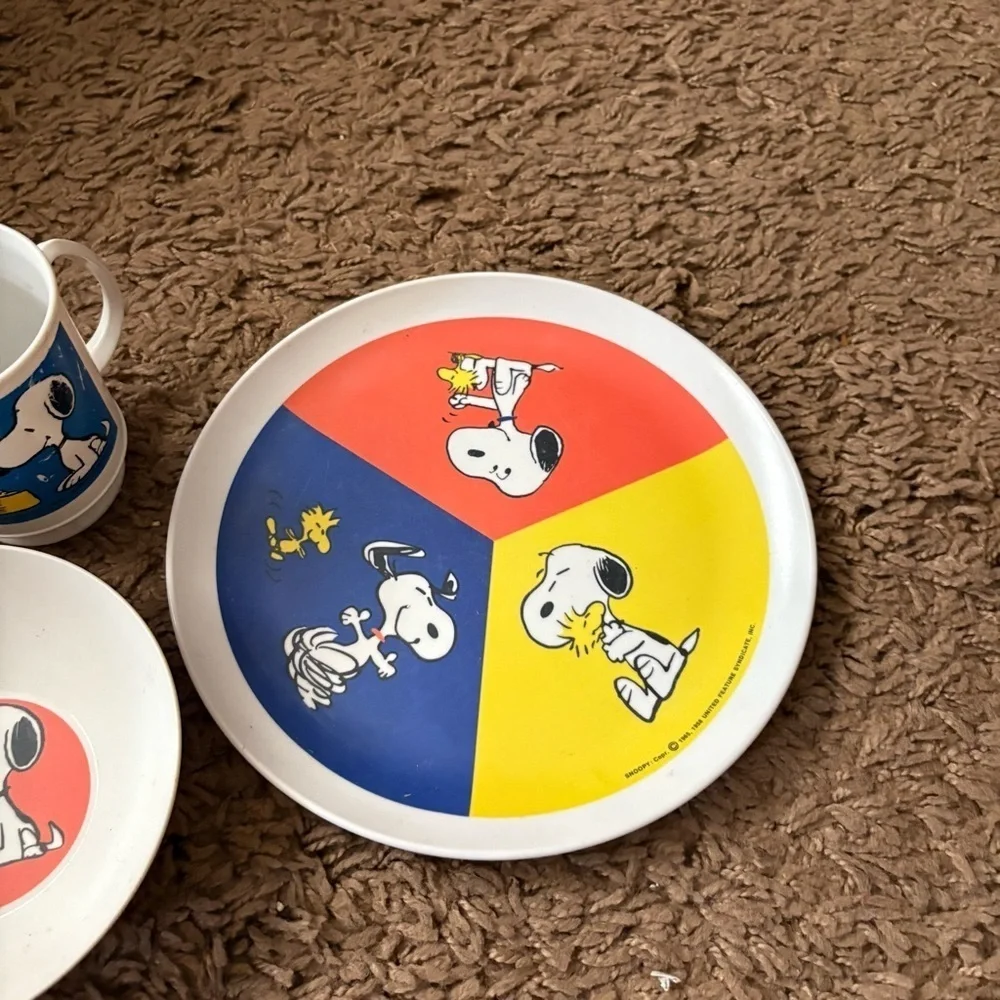Vintage Snoopy Plate Set Peanuts Melamine Triangle Dinnerware Woodstock Cartoon